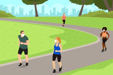 Sosyal Mesafe Uygulaması sırasında Park 'ta egzersiz yapan insanların vektör illüstrasyonuName 