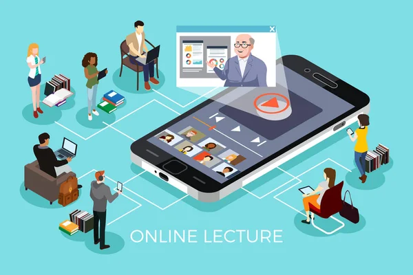 Izometrický Vektor Ilustrace College Students Learning Online Education — Stockový vektor