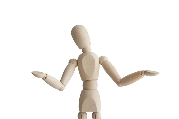 Wooden mannequin with uncertain pose — Stock Photo, Image