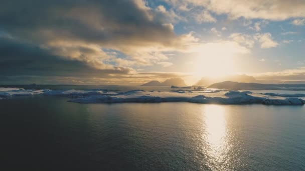 Sunset Above Antarctica Snow Island Aerial Front View. — Stock Video