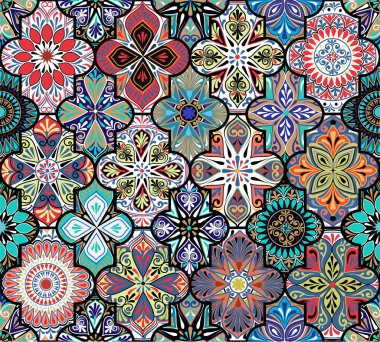 Renkli, dikişsiz, süslü, çok renkli doğu deseni.