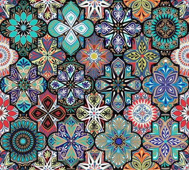 Renkli, dikişsiz, süslü, çok renkli doğu deseni.