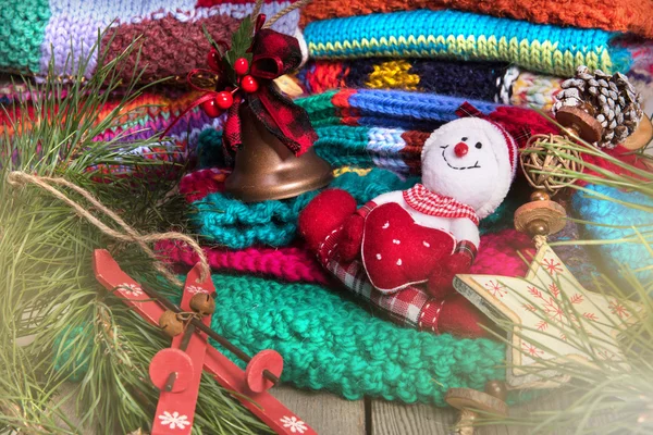 Striped colorful wool texture christmas decoration snowman — Stock Photo, Image