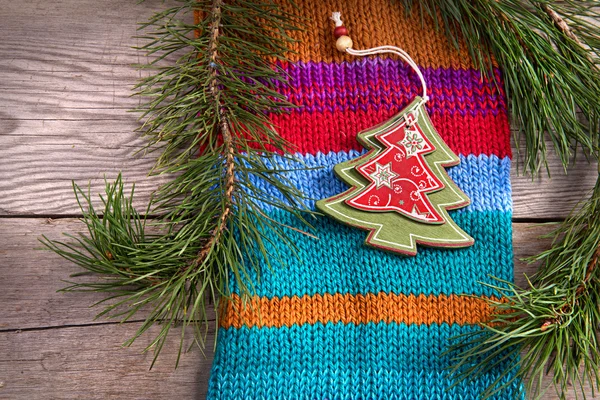 Christmas tree decoration  on wooden background — Stock Photo, Image