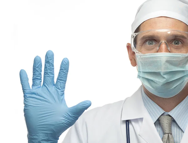 Joven Caucásico Médico Hombre Uniforme Médico Guardar Clases Máscara Glaves — Foto de Stock