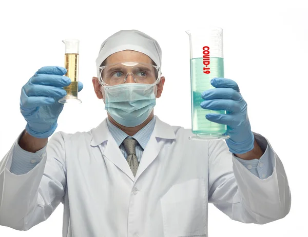 Young Caucasian Man Scientist Uniform Medical Mask Isolated White Laboratory Stock Picture