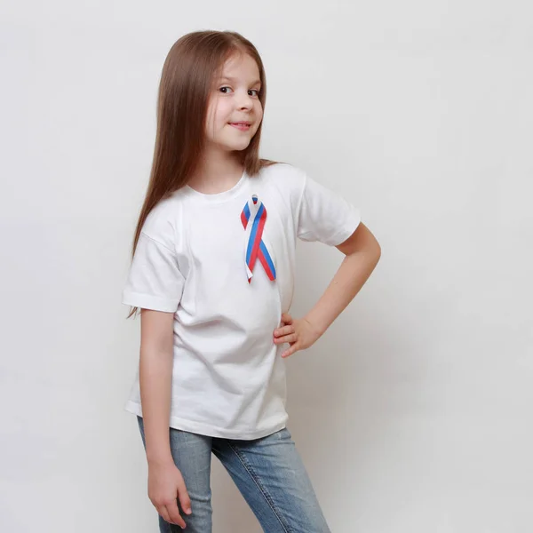 Little Girl Russian Flag Ribbon — Stock Photo, Image