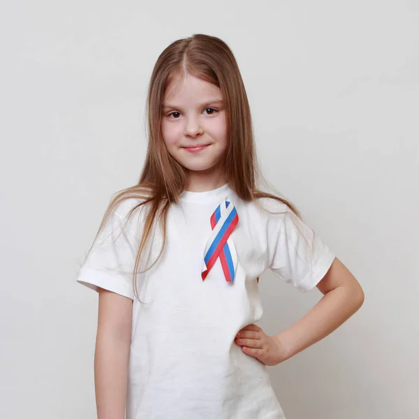 Little Girl Russian Flag Ribbon — Stock Photo, Image