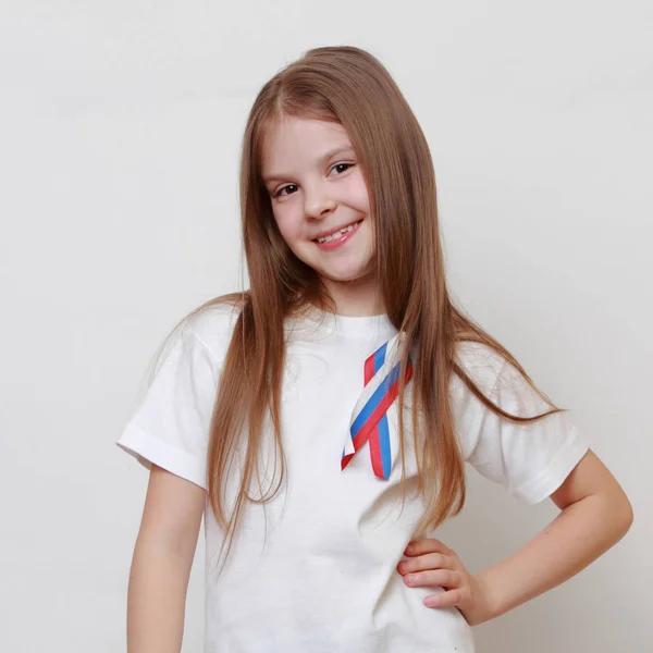 Little Girl Russian Flag Ribbon — Stock Photo, Image