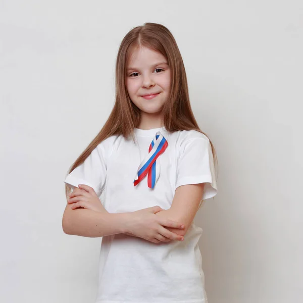Little Girl Russian Flag Ribbon — Stock Photo, Image