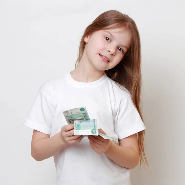 European Beautiful Little Girl Holding Russian Cash Money — Stock Photo, Image