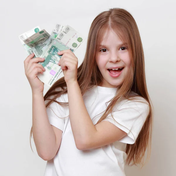 European Beautiful Little Girl Holding Russian Cash Money — Stock Photo, Image