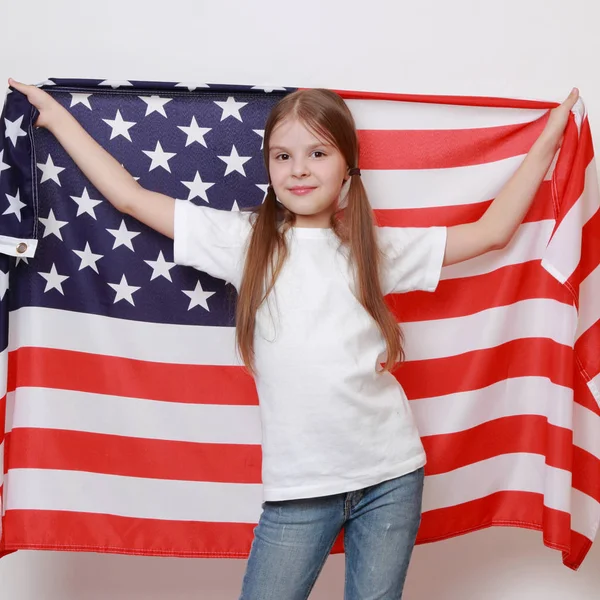 Criança Americana Segurando Bandeira Dos Eua — Fotografia de Stock