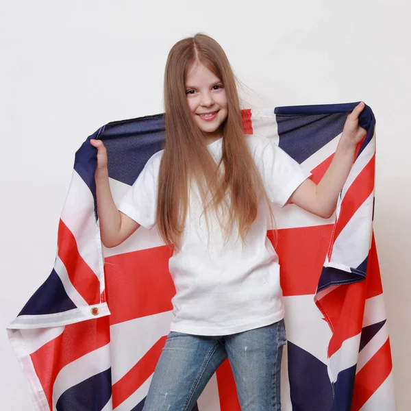 Joyeux Jeune Fille Tenant Drapeau Grande Bretagne Drapeau Britannique — Photo