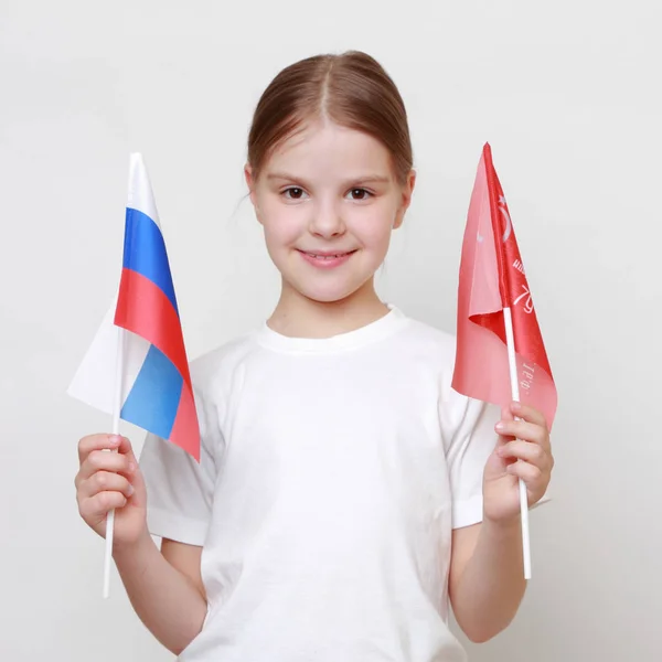 Trots Meisje Houden Nationale Vlag Van Russische Federatie Rusland Overwinning — Stockfoto