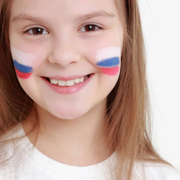 Sonriente Niña Feliz Con Símbolo Bandera Rusa — Foto de Stock