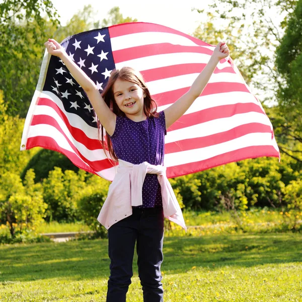 Beautiful Joyful Girl White Dress Holding Large American Flag Sunny — Stock Photo, Image