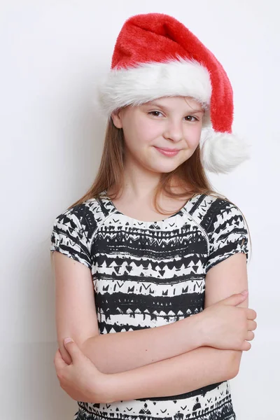 Ritratto Bambina Cappello Babbo Natale — Foto Stock