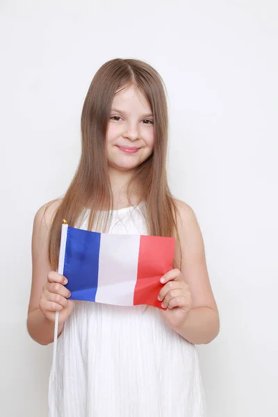 Mooie Europees Meisje Houdt Van Franse Vlag — Stockfoto