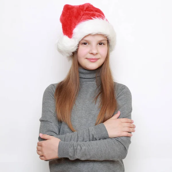 Liten Flicka Santa Hatt — Stockfoto