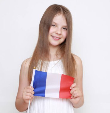 Güzel Avrupa küçük kız holding Fransız bayrağı