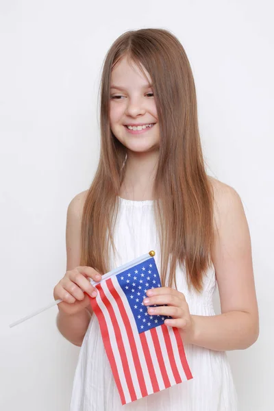 Little Girl Holding Usa Flag Studio — Stock Photo, Image