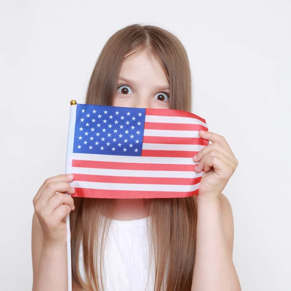 Little Girl Holding Usa Flag Studio — Stock Photo, Image