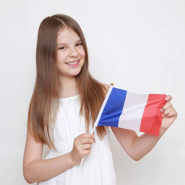 Lovely European Little Girl Holding French Flag — Stock Photo, Image