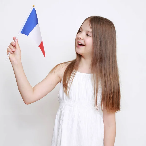 Belle Petite Fille Européenne Tenant Drapeau Français — Photo