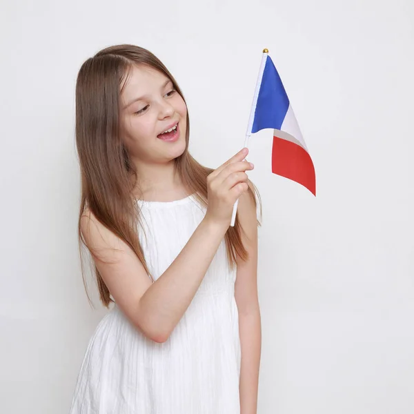 Mooie Europees Meisje Houdt Van Franse Vlag — Stockfoto