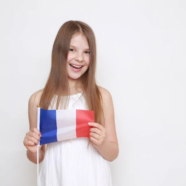 Прекрасная Европейская Девочка Французским Флагом — стоковое фото