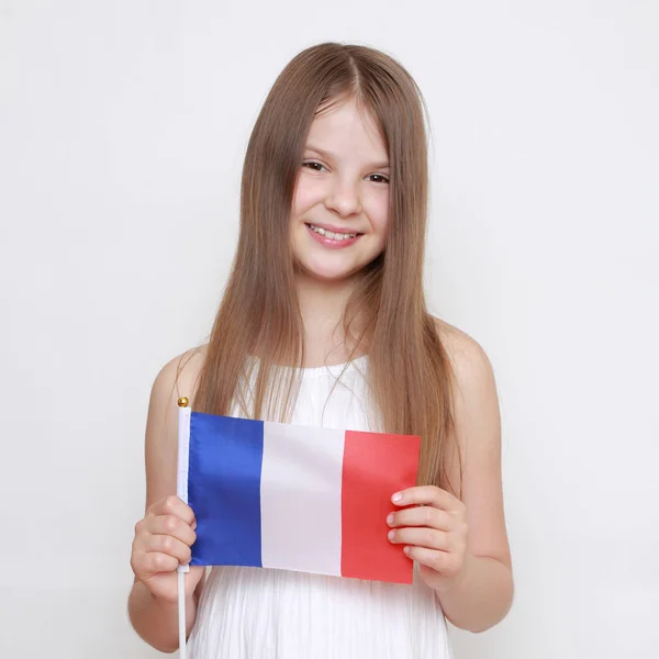 Belle Petite Fille Européenne Tenant Drapeau Français — Photo