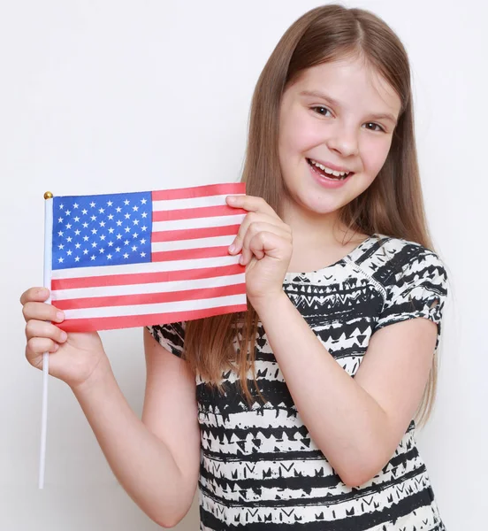 Little Girl Holding Usa Flag Studio — Stock Photo, Image