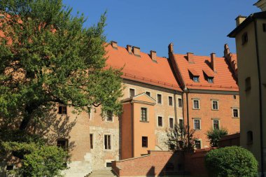 Krakow, Polonya - 1 Ağustos 2017: Wawel hill Katedrali ve Kalesi ile. Wawel Kalesi karmaşık bir tarihi mimari antik kentin merkezidir.