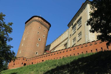 Krakow, Polonya - 1 Ağustos 2017: Wawel hill Katedrali ve Kalesi ile. Wawel Kalesi karmaşık bir tarihi mimari antik kentin merkezidir.