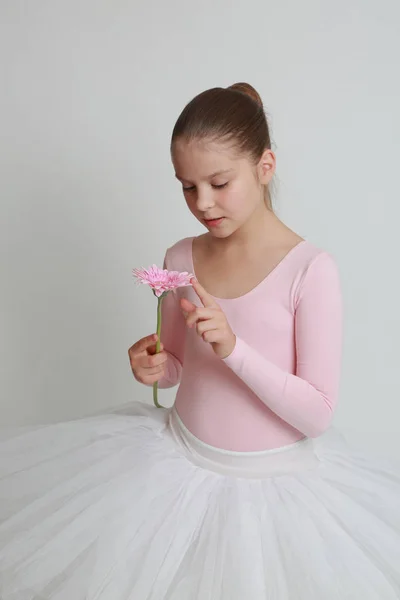 美しい小さなバレリーナとピンクのガーベラの花 — ストック写真