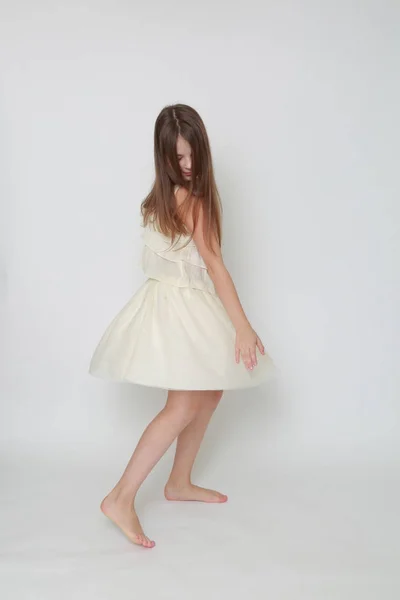 Studio Image Happy Emotional Caucasian Little Girl Moving Dancing — Stock Photo, Image