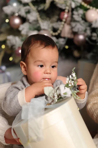 Studio Image Handsome Baby Boy Christmas Tree Holiday Theme — Stock Photo, Image