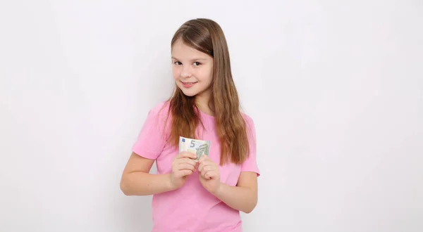 Piękna Nastolatka Dziewczynka Kaukaski Holding Euro — Zdjęcie stockowe