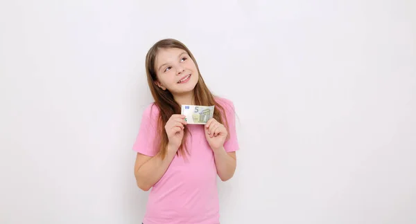 Linda Menina Adolescente Caucasiana Segurando Euro — Fotografia de Stock