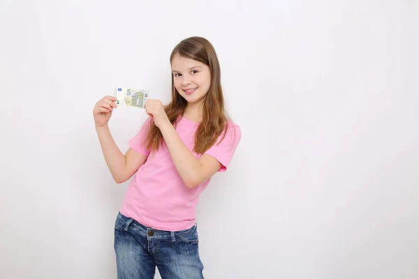 Beautiful Caucasian Teen Girl Holding Euro — Stock Photo, Image