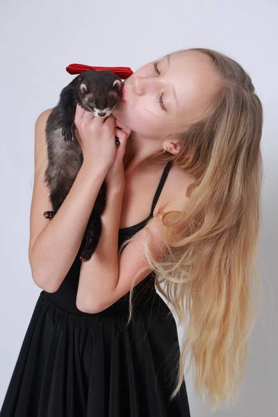 Studio Image Caucasian Little Girl Ferret White Backgoud — Stock Photo, Image