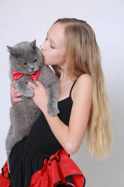 Lovely Caucasian Teen Girl British Short Hair Cat — Stock Photo, Image