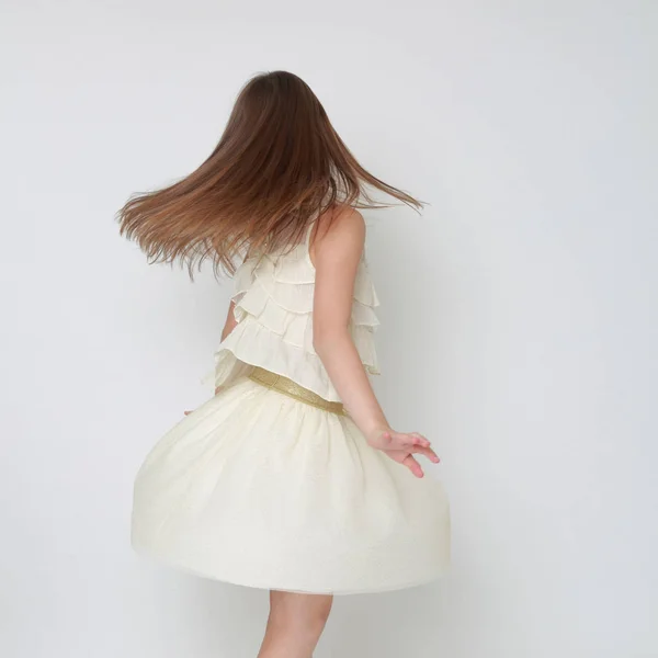 Studio Image Happy Emotional Caucasian Little Girl Moving Dancing — Stock Photo, Image