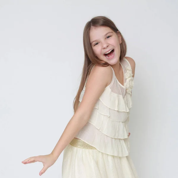 Studio Image Happy Emotional Caucasian Little Girl Moving Dancing — Stock Photo, Image