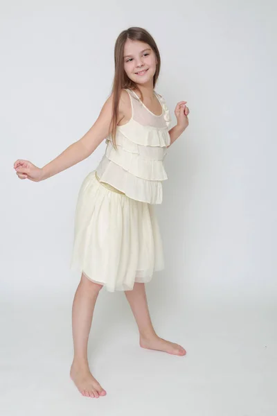 Studio Image Happy Emotional Caucasian Little Girl Moving Dancing — Stock Photo, Image