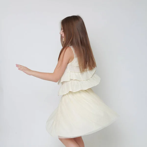 Studio Image Happy Emotional Caucasian Little Girl Moving Dancing — Stock Photo, Image