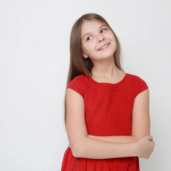 Emotional Little Girl Wearing Red Dress — Stock Photo, Image