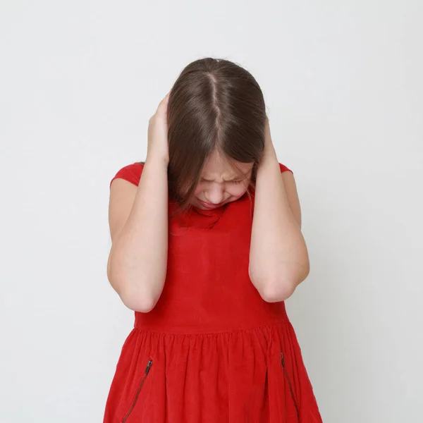 Emotional Little Girl Wearing Red Dress — Stock Photo, Image