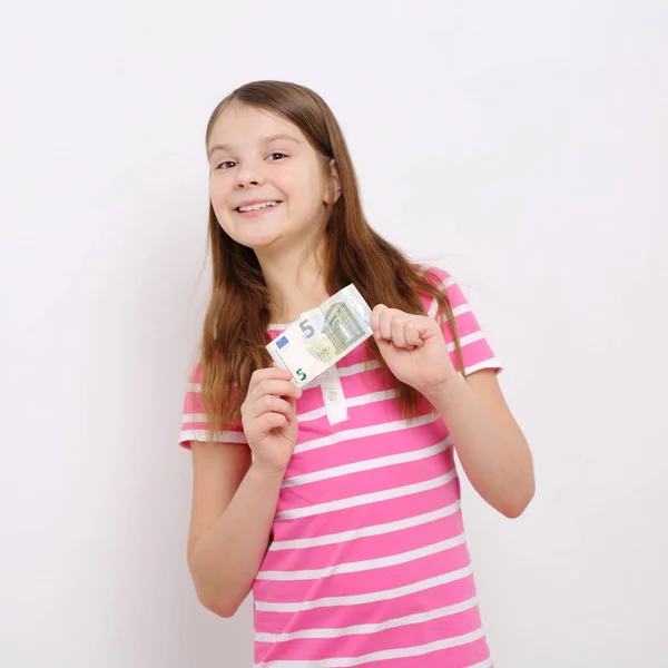 Beautiful Caucasian Teen Girl Holding Euro — Stock Photo, Image